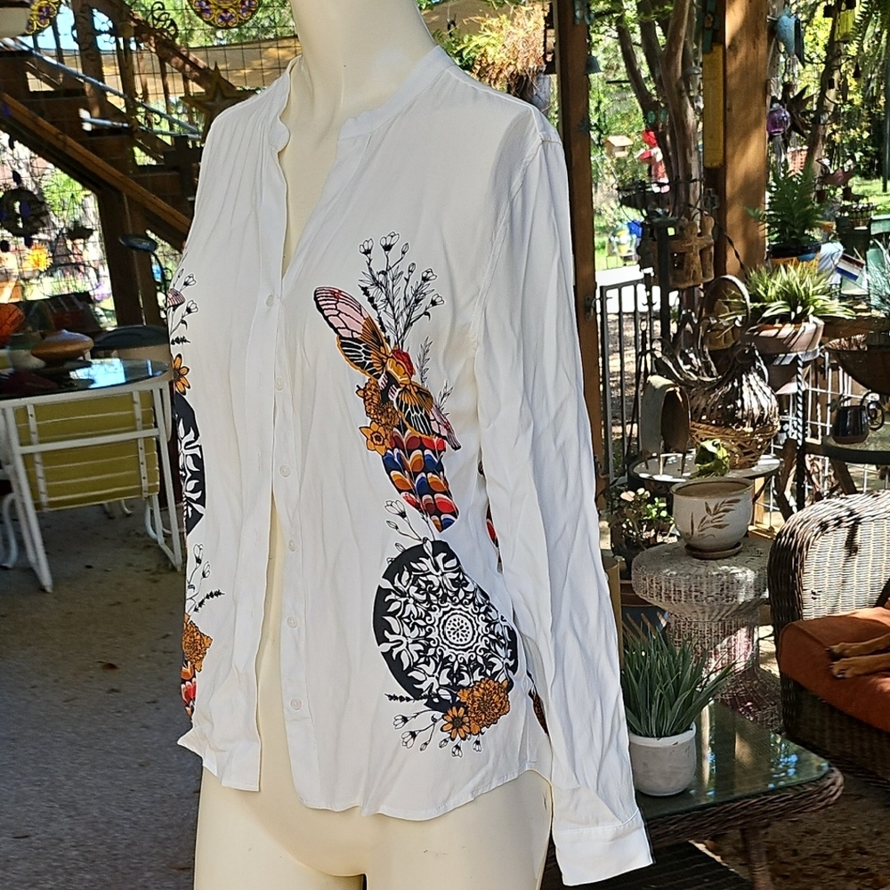Desigual CAM EVA Floral Butterfly Moth Asian Print Button-Up Odf White Blouse S